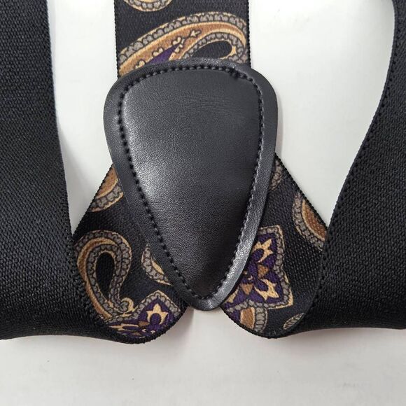 VTG CAS WEST GERMANY PAISLEY BLACK LEATHER GOLD STRETCH ADJUSTABLE SUSPENDERS - Picture 2 of 6